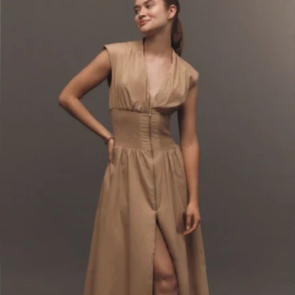 Anthropologie Maeve The Tommie Zip-Front Midi Dress in Taupe NWT